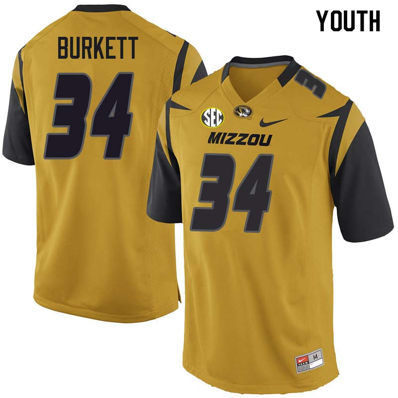 Youth #34 Joey Burkett Missouri Tigers College Football Jerseys Sale-Yellow